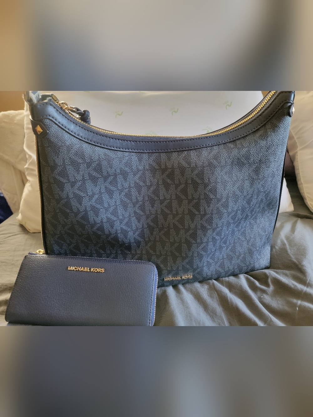 Michael Kors Navy Blue Signature MK Shoulder Bag with Matching Blue Wallet